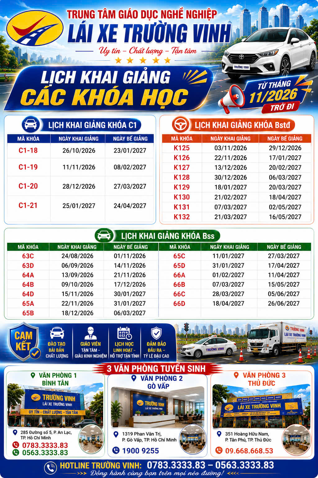 Lịch khai giảng các khoá từ tháng 11/2026